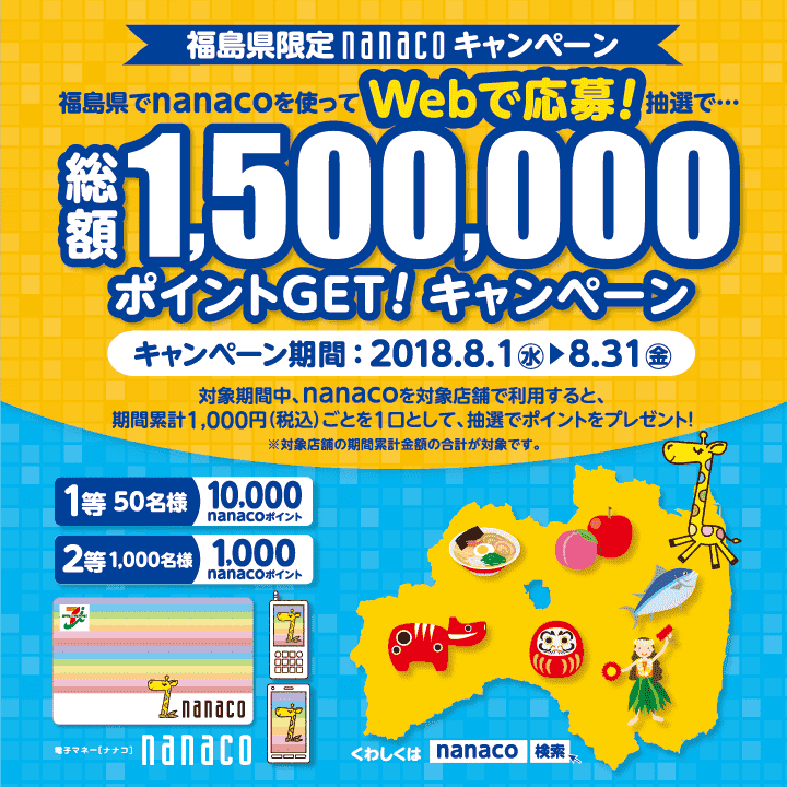  【福島県限定】WEB応募型/nanacoを使ってポイントGET！ -2018/8/31迄 