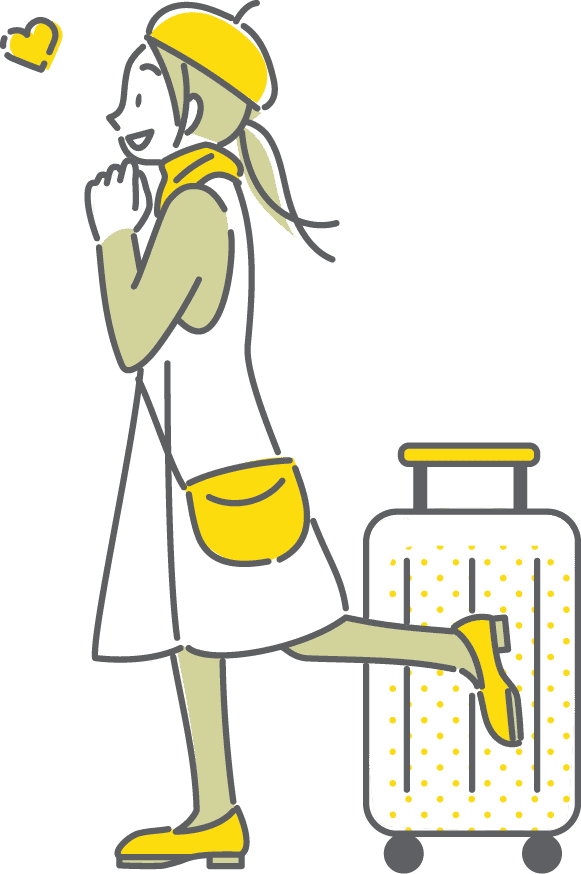 黄色いワンピースを着た女性が旅行バックの横でときめいてるイラスト